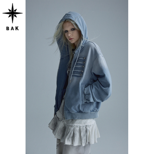 BAK深蓝断层｜街头重工破坏渐变水洗蓝拿破仑宫廷风卫衣外套女秋