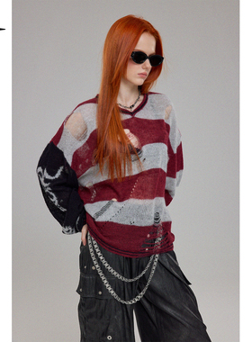 现货BAK原创设计 “CD回响”颓废感条纹印花破洞毛衣镂空针织上衣