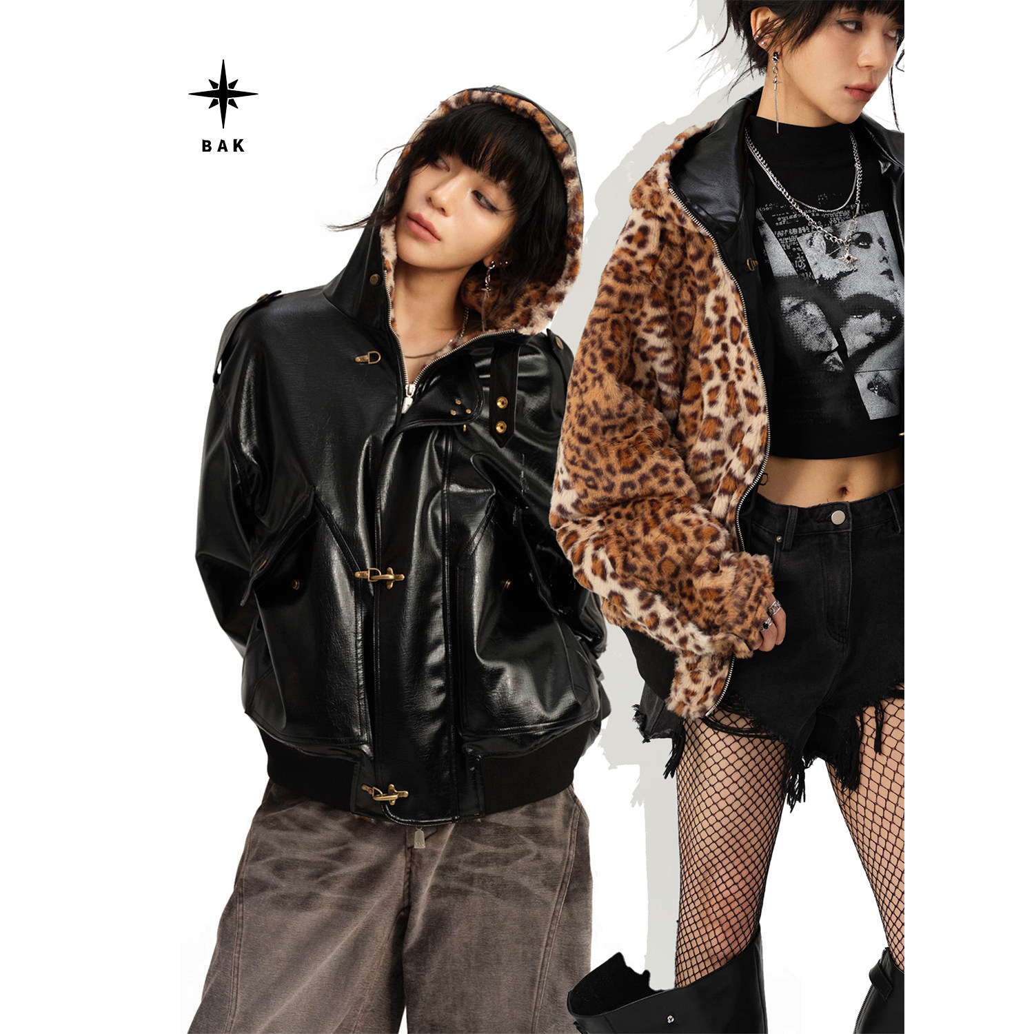 BAK秋冬新款街头感皮衣连帽外套