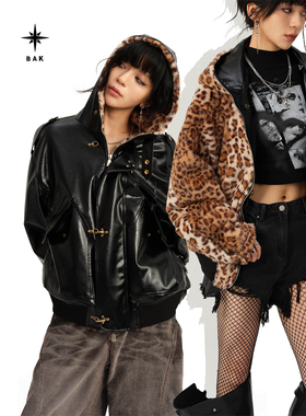 BAK原创设计叛逆街头豹纹漆皮两面穿连帽毛绒外套防风亮面皮衣冬
