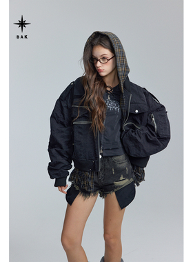 BAK原创设计弯刀廓形假两件飞行棉服冬款加厚棉衣连帽格子冬外套