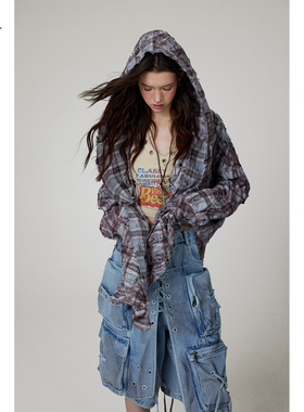 现货BAK原创 宽松复古格子外套破洞水洗做旧裤裙防晒连帽衬衫上衣