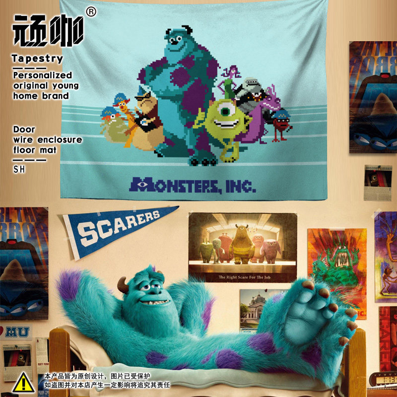 门布遮挡挂布免打孔 毛怪大眼仔怪兽上班 怪兽大学像素风卧室挂布