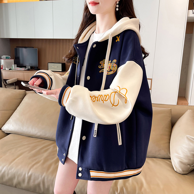 美式撞色刺绣棒球服外套女春秋款宽松休闲初高中学生连帽夹克上衣