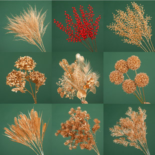 金色系花材仿真花新年福桶摆件婚礼婚庆尤加利冬青红果银杏叶装饰