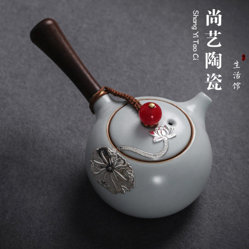 汝窑手工镶银实木侧把茶壶 开片可养功夫泡茶器陶瓷茶具单壶家用