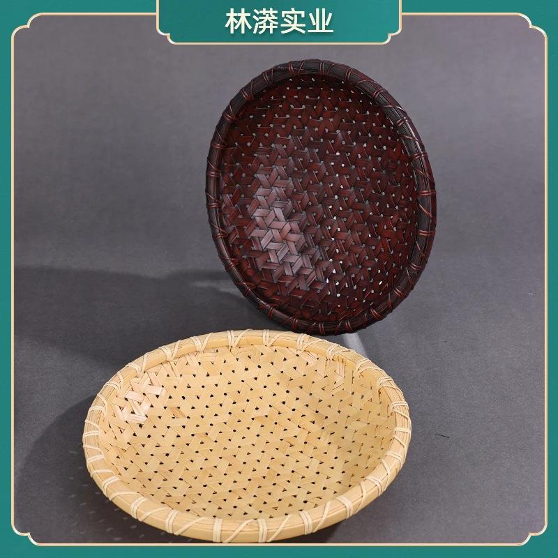 三脚圆盘竹编茶点盘中式古风茶桌茶室点心盘干果盘水果盘