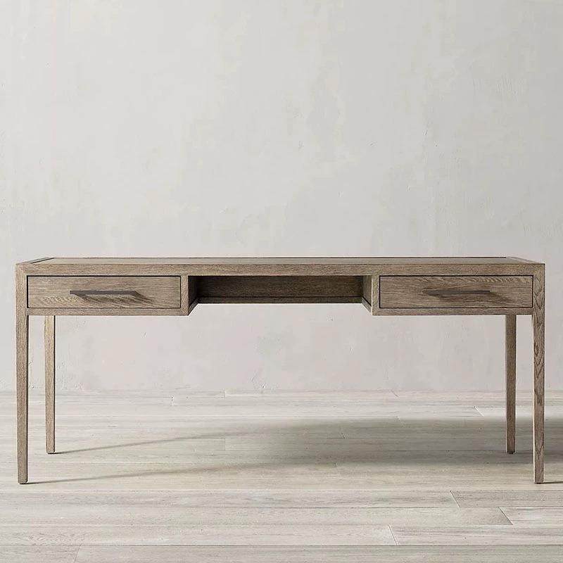 美式轻奢实木书桌法式复古书桌RH化妆一体电脑桌橡木办公桌写字台