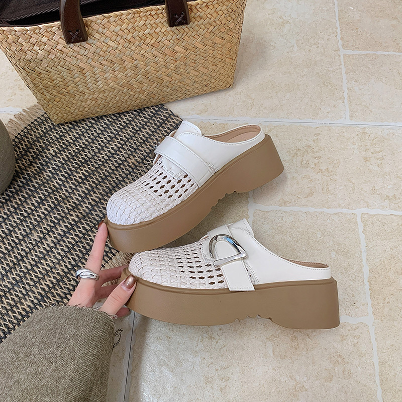 厚底增高包头半拖鞋女2026新款夏季外穿一脚蹬高级感透气镂空凉鞋