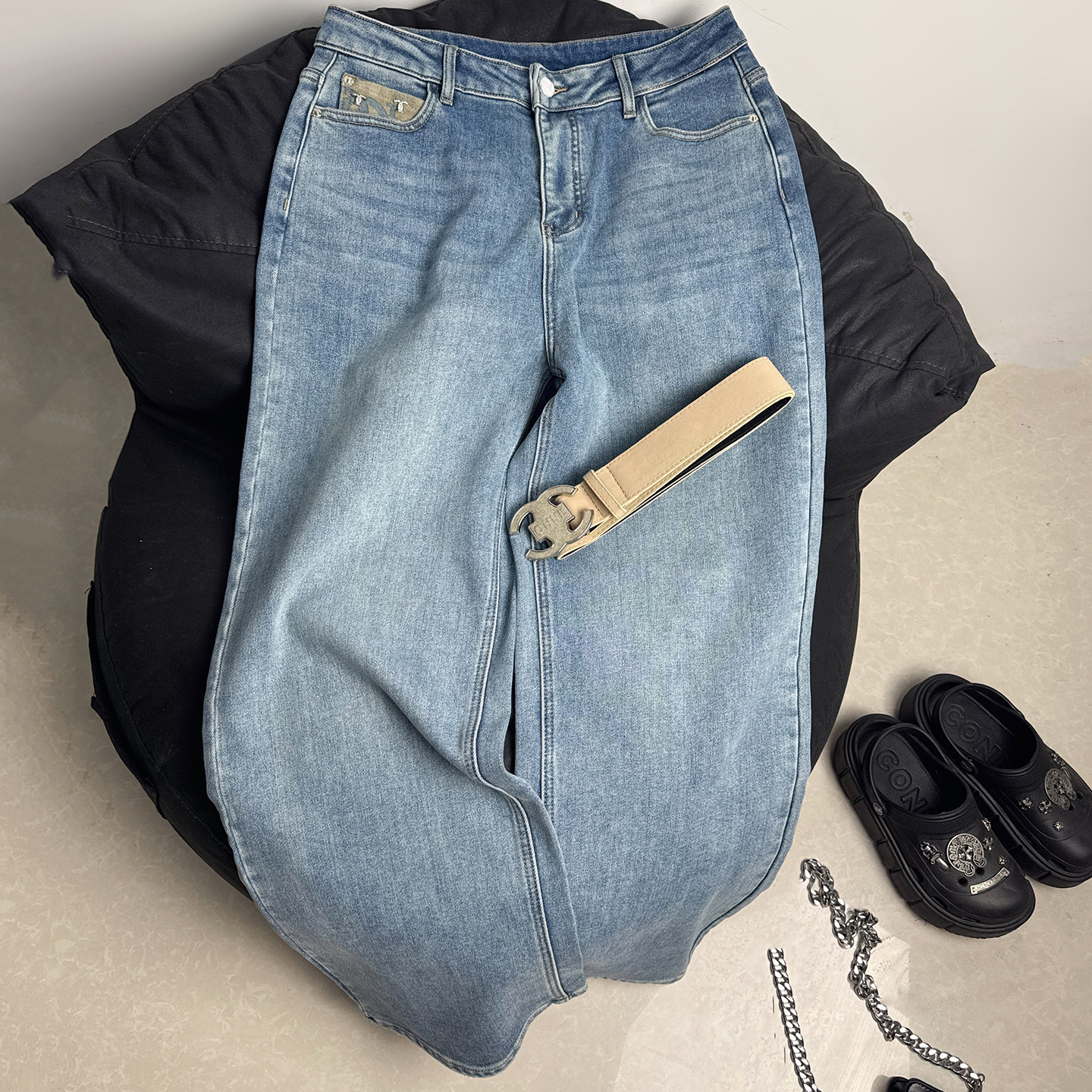 加绒蓝色直筒牛仔裤女冬季高腰