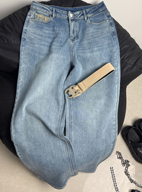 蓝色直筒牛仔裤女2025年新款冬季加绒高腰显瘦设计感宽松裤子女