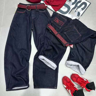 女字母刺绣高级设计感宽松 高腰显瘦直筒裤 植绒牛仔裤 女2025新款