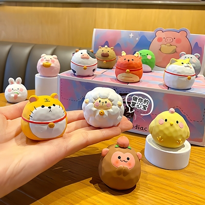 木雕风圆宝十二生肖摆件