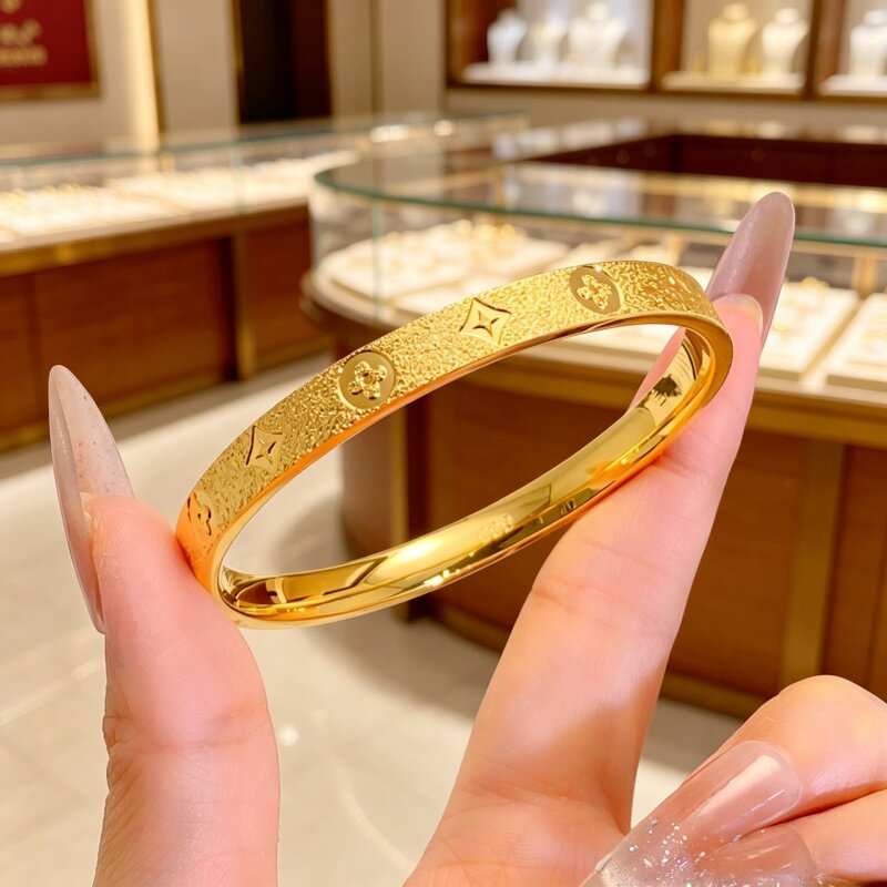 金包银老花手镯女古法喷砂四叶草镯子驴牌满天星手环女友节日礼物