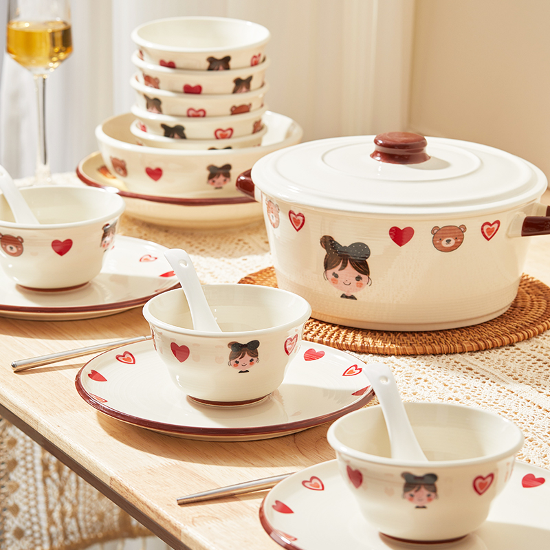 jiwoo釉下彩陶瓷碗碟餐具套装家用2025新款高颜值卡通餐具套装礼