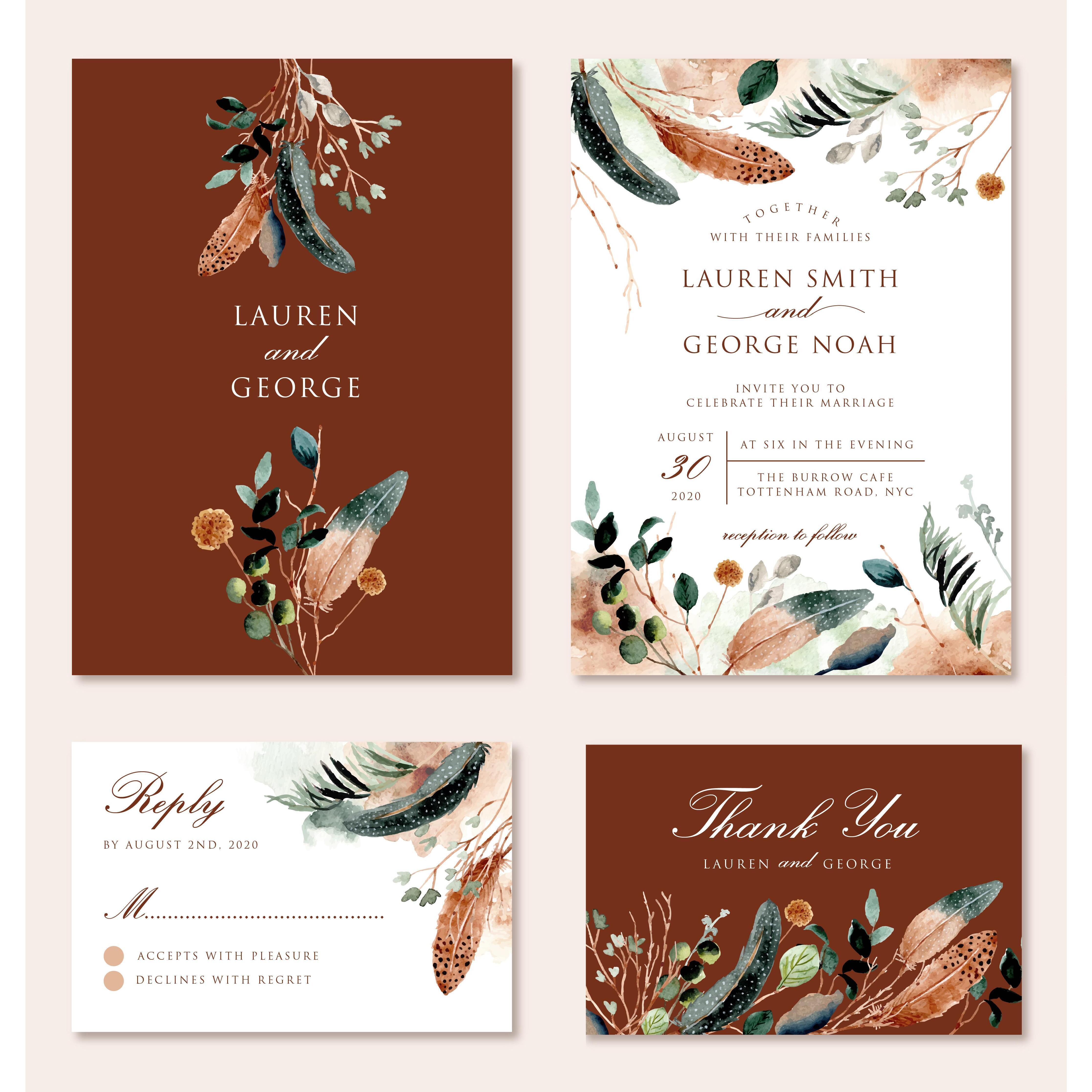 秋色水彩绿叶花卉羽毛婚礼请柬邀请函海报迎宾水牌背景设计素材