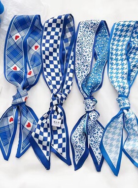 克莱因蓝色丝巾小领巾春夏新品棋盘格发带飘带围巾秋季装饰女绑发
