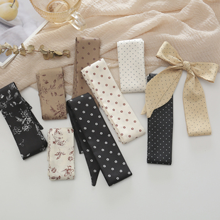 秋冬款咖色丝带细窄长条脖子配饰扎马尾蝴蝶结飘带点点花朵腰带女