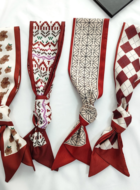 小长条细窄丝巾女红色系春秋夏季短丝带编发带飘带装饰领巾薄围巾