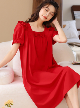 本命年红色睡裙女夏季丝光棉短袖睡衣裙2025年新款纯棉薄款家居服