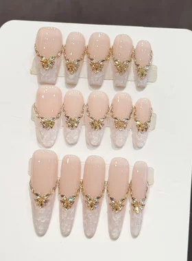 霜筠【粉蕾金蝶】粉裸蕾丝金蝶钻饰美甲温柔轻奢超仙手工穿戴甲片