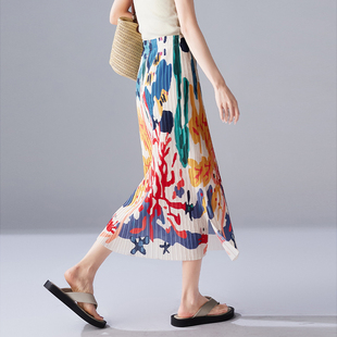 牙签褶涂鸦印花直筒裙女2026春夏新款 松紧腰皱褶花色百褶半0317r