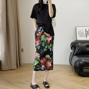 覆古碎花皱褶半身裙女春夏新款 松紧腰口袋黑色显瘦花色休闲0317r