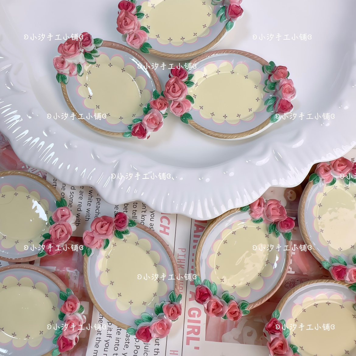 定制仿真微缩玫瑰花托盘diy奶油胶树脂饰品配件娃屋摆件捏捏盘子