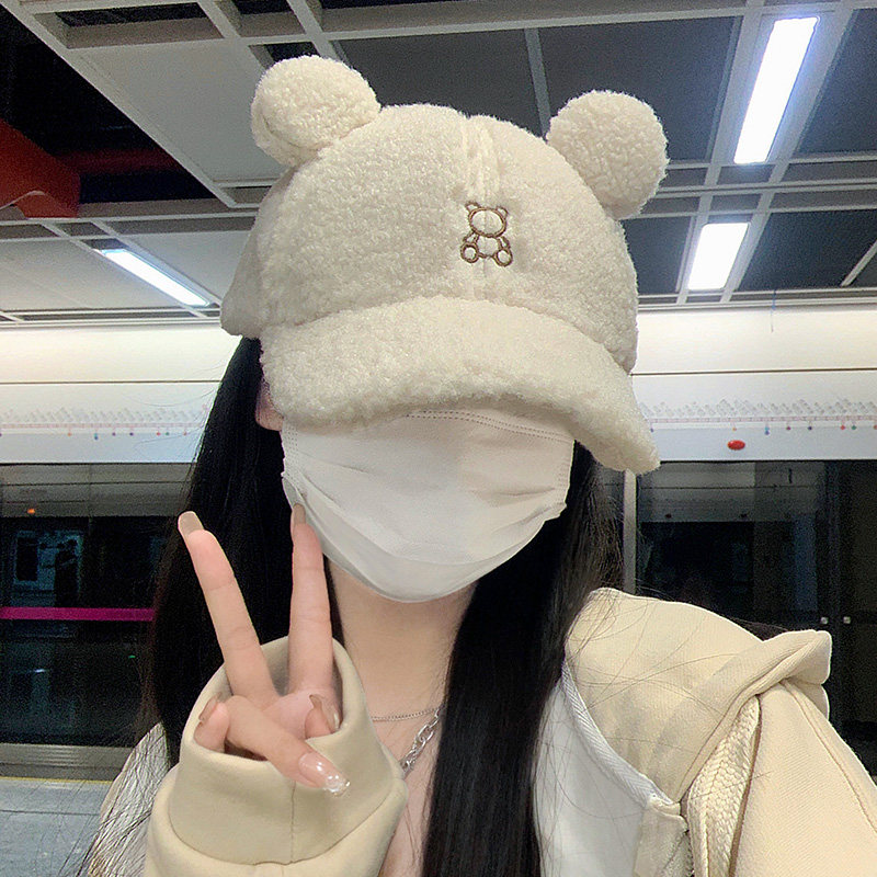 日系刺绣可爱小熊耳朵棒球帽女秋冬季网红羊羔毛绒保暖百搭鸭舌帽,服饰配件/皮带/帽子/围巾,帽子,淘宝优惠券,粉丝福利购,淘宝优惠卷