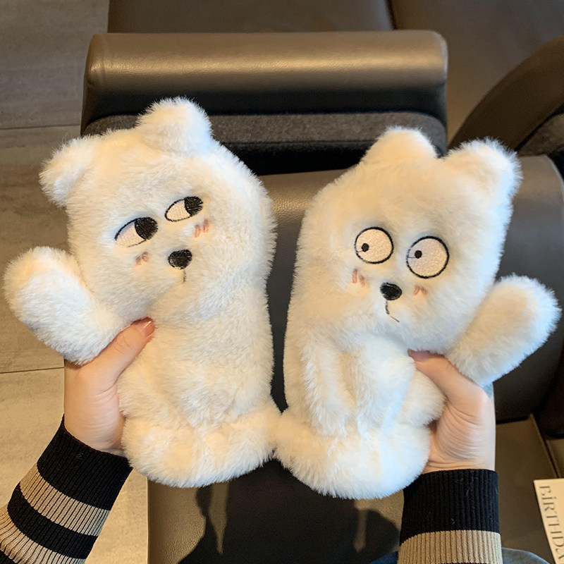 新款毛绒手套冬季女生加绒加厚防寒骑车可爱挂脖保暖棉手套秋冬天