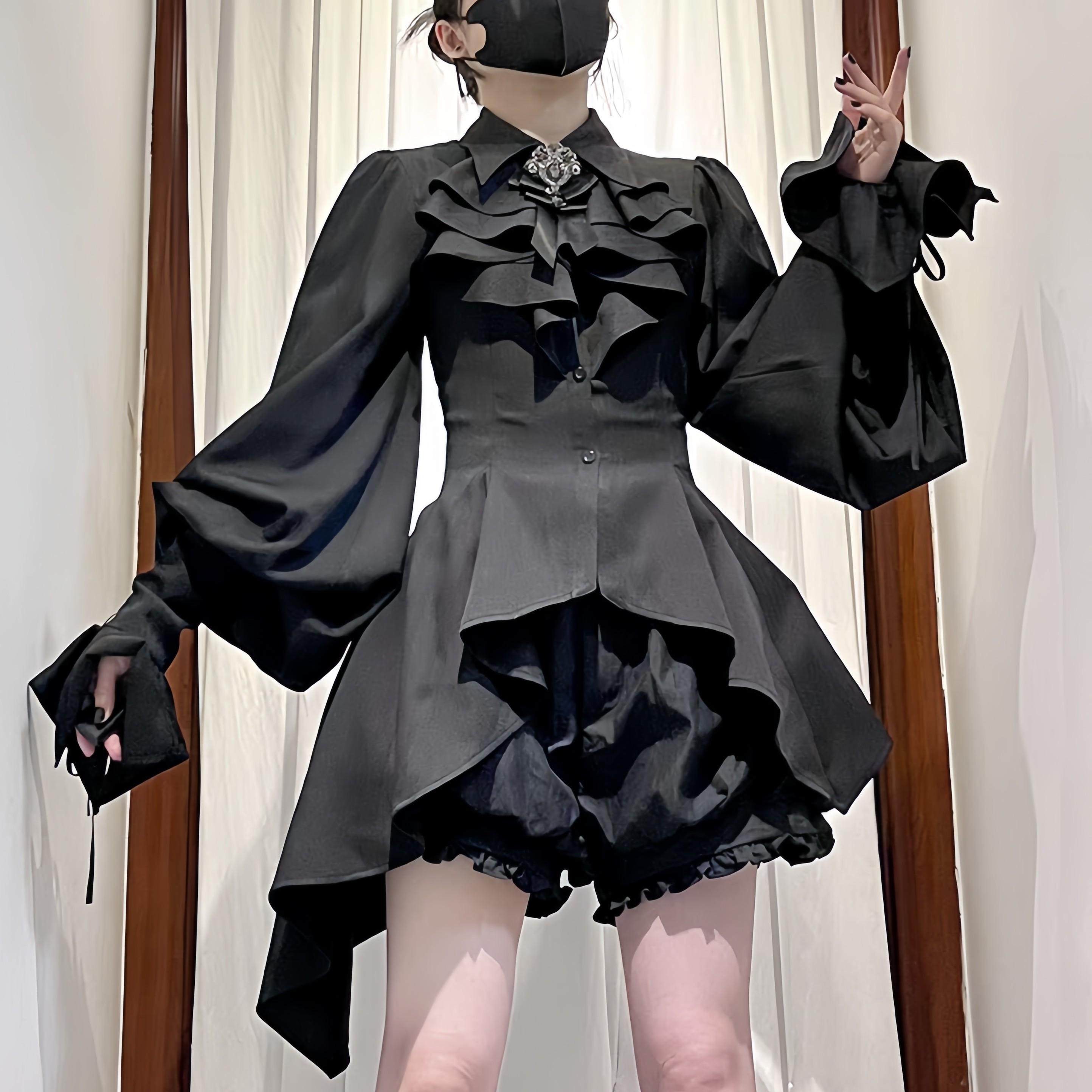 现货斜摆衬衫偏执者哥特Lolita姬袖衬衫黑色宫廷风长袖衬衣口水巾,模玩/动漫/周边/娃圈三坑/桌游,lolita衬衫/内搭,淘宝优惠券,粉丝福利购,淘宝优惠卷