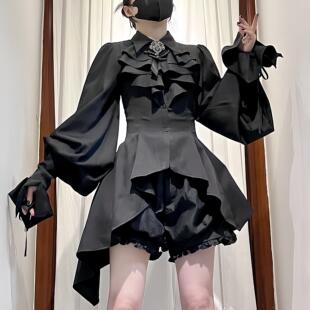 现货斜摆衬衫偏执者哥特Lolita姬袖衬衫黑色宫廷风长袖衬衣口水巾