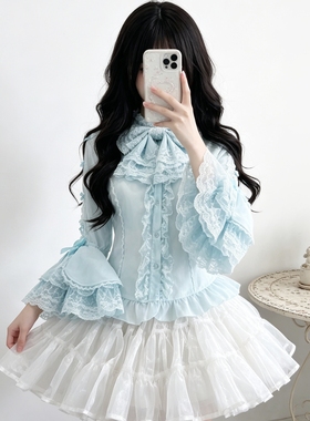 蓝色Lolita华丽姬袖蝴蝶结内搭衬衫夏日doll感粉色雪纺百搭打底衫