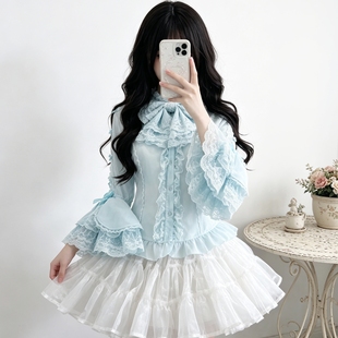 蓝色Lolita华丽姬袖蝴蝶结内搭衬衫夏日doll感粉色雪纺百搭打底衫