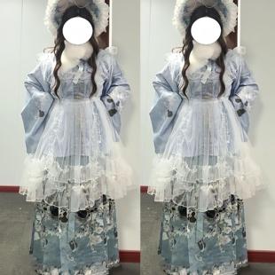 新年战袍 洛丽塔套装 汉洋折衷明制汉服春夏日常琵琶袖 蓝色立领开衫