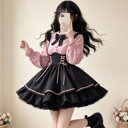 长袖粉色衬衫背带裙甜系蕾服套装