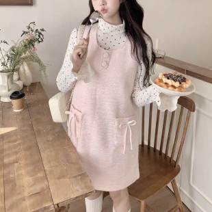 奶fufu可爱甜妹套装女秋冬小个子波点打底衫粉色背心连衣裙两件套
