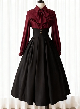秋冬新款宫廷红色衬衫内搭哥特风黑色lolita长裙CLA系优雅半身裙