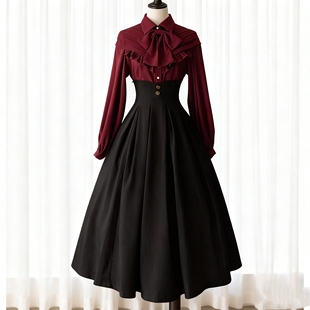 春夏新款 内搭哥特风黑色lolita长裙CLA系优雅半身裙 宫廷红色衬衫
