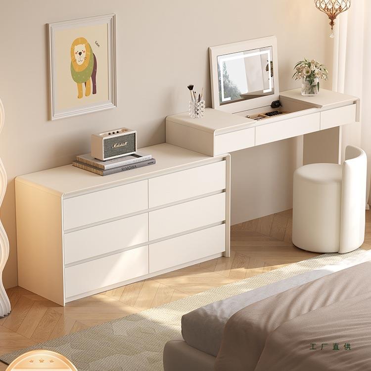 实木翻盖梳妆台奶油风斗柜卧室简约现代2025新款化妆台一体化妆桌