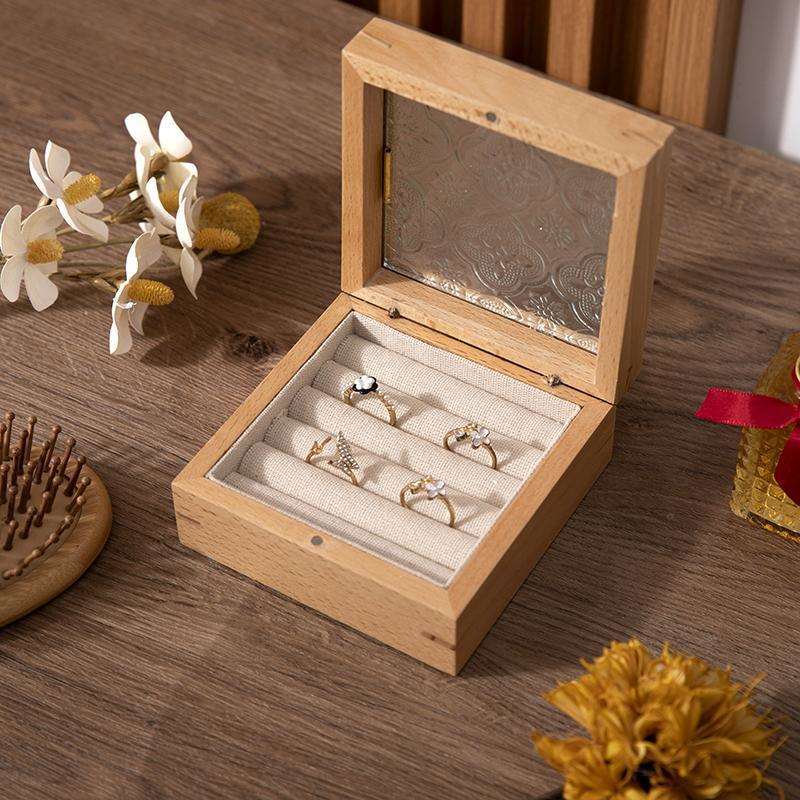 海棠花玻璃木盒现货饰品包装盒家用翻盖收纳盒带内衬榉木首饰盒