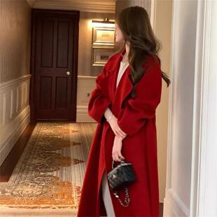 2026秋冬红色大衣女结婚新娘双面羊毛外套高级翻领系带中长款羊绒