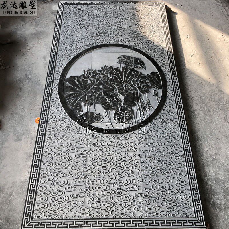 石雕浮雕祥云纹背景墙圆形荷花壁画青石板雕刻过门台阶踏步石地雕