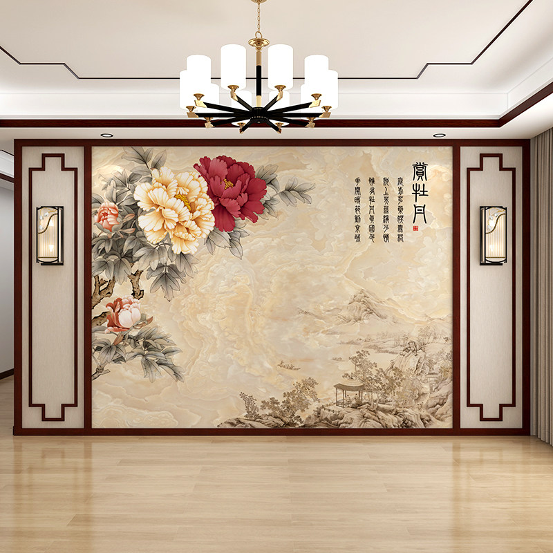 新中式沙发电视背景墙壁纸花开富贵牡丹壁画墙纸客厅卧室无缝墙布