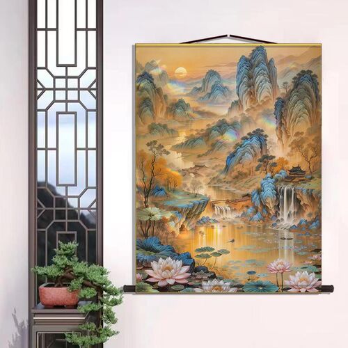 仙家堂口山水画堂口堂单东北暗堂装饰画亭子小桥流水有太阳无活物