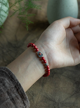 福一方原矿朱砂手串正品纯银招财葫芦手链本命年礼物女款新中式