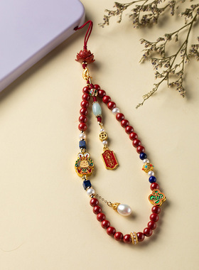 福一方朱砂莲佑平安兔爷手机链随身挂绳精致女孩珍珠吊坠礼物饰