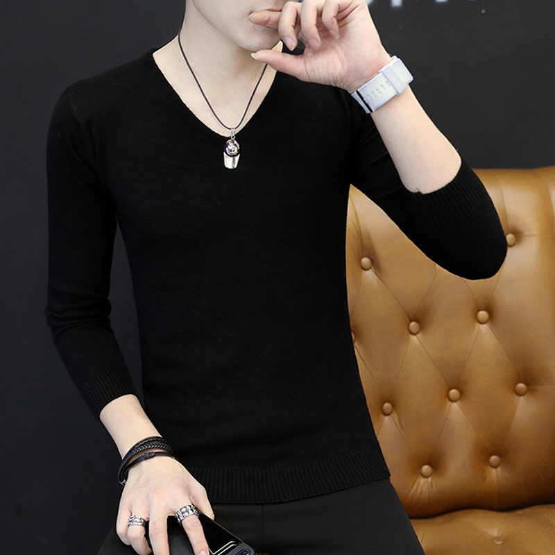 秋冬男士毛衣V领薄款黑色打底针织衫韩版纯色百搭潮流男装卫1117u