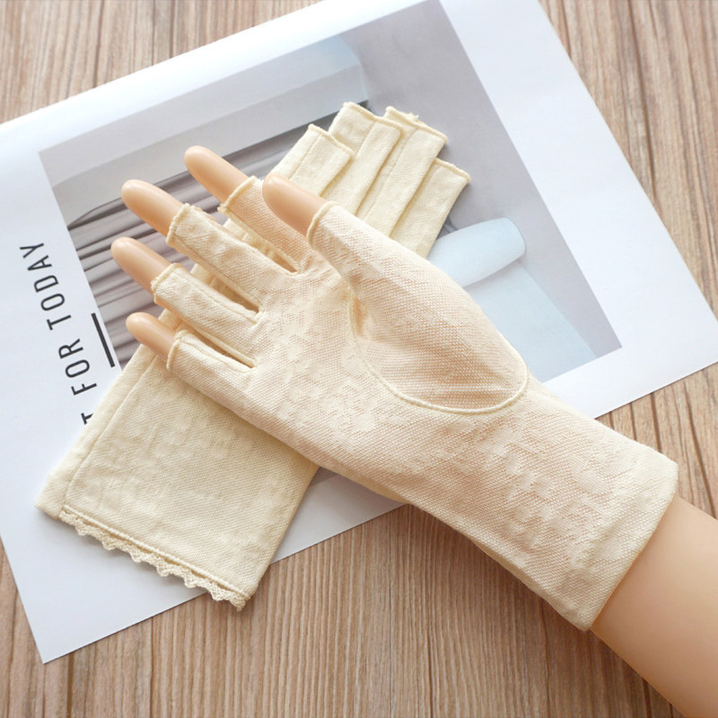 春夏季女士提花棉质吸汗透气薄款半露指触屏开车遮阳户外短款手套