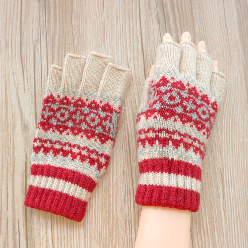 欧伊莱米秋冬女士羊毛毛线提花半露指触屏打写字开车骑行保暖手套